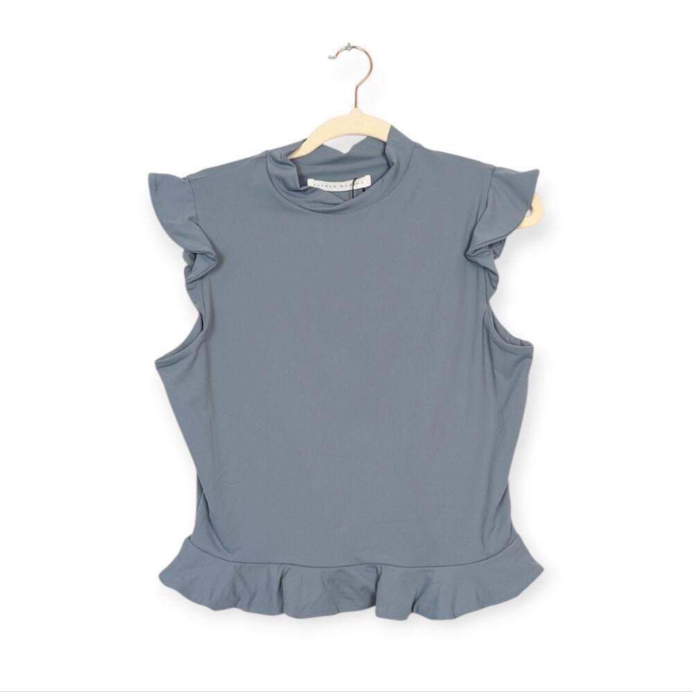 NWT Susana Monaco Grey Blue Jersey Ruffle Mock Neck Top